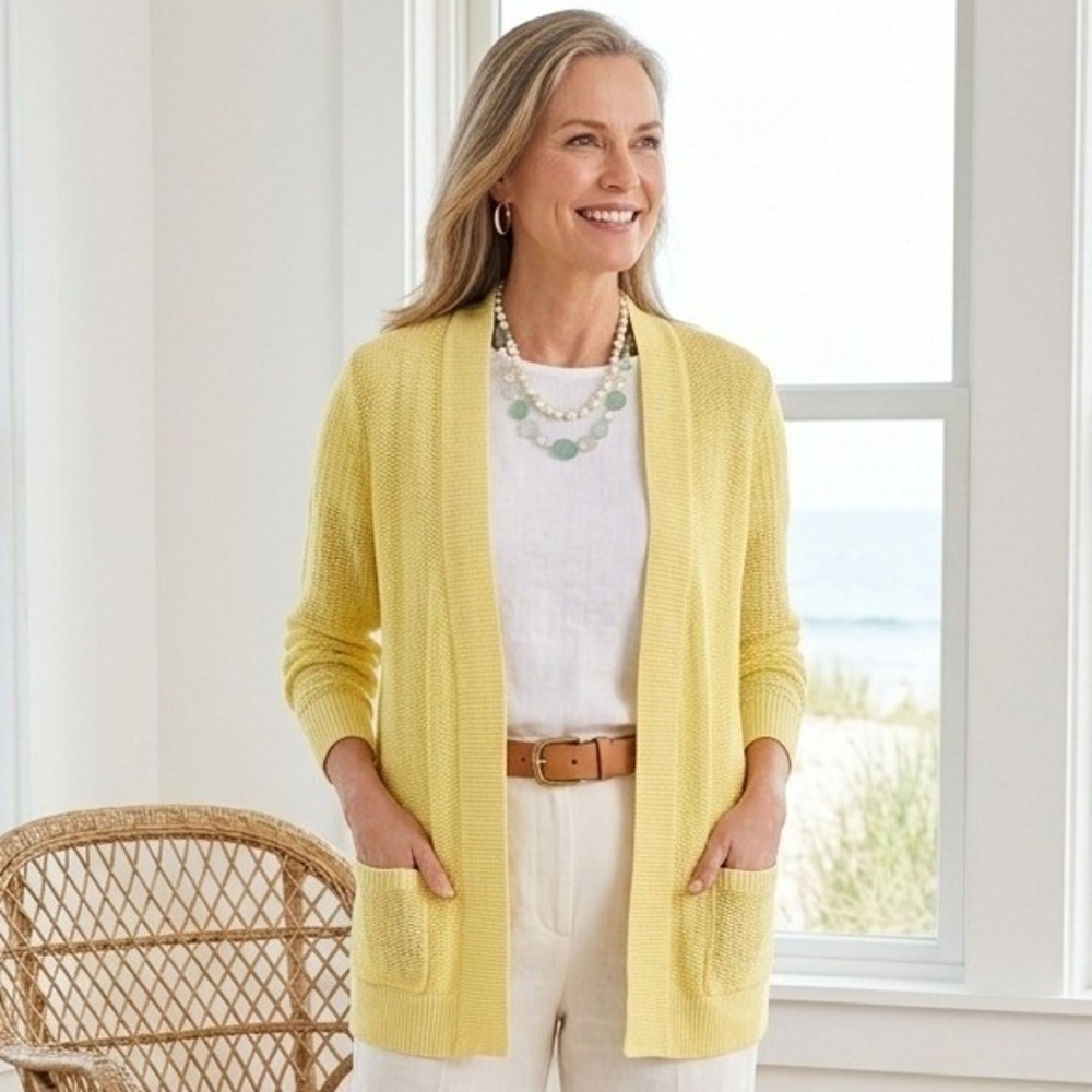 Talbots Linen Cardigan Women XL Petite Yellow Open Front Pocket Coastal Grandma
